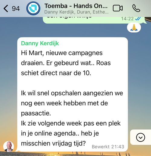 WhatsApp screenshot van Danny Kerdijk van Toemba over succesvolle campagnes